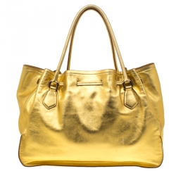 Pre Owned Prada Gold Leather Tassel Drawstring Tote