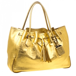 Pre Owned Prada Gold Leather Tassel Drawstring Tote