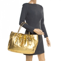 Pre Owned Prada Gold Leather Tassel Drawstring Tote
