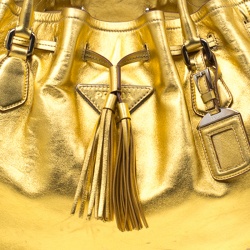 Prada Gold Leather Tassel Drawstring Tote