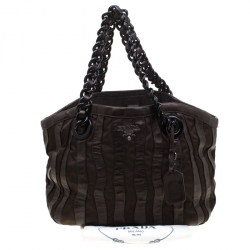 Pre Owned Prada Dark Brown Leather and Nylon Wave Hobo