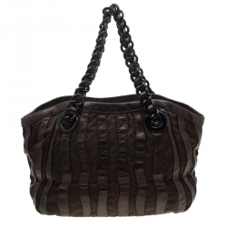 Pre Owned Prada Dark Brown Leather and Nylon Wave Hobo