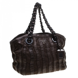 Pre Owned Prada Dark Brown Leather and Nylon Wave Hobo