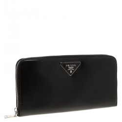 Pre Owned Prada Black Spazzolato Leather Zip Around Wallet