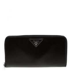 Pre Owned Prada Black Spazzolato Leather Zip Around Wallet