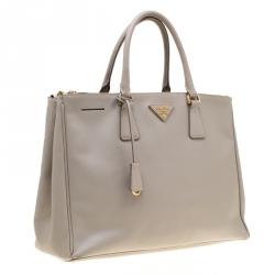 Pre Owned Prada Light Grey Saffiano Lux Leather Large Double Zip Tote