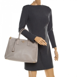 Pre Owned Prada Light Grey Saffiano Lux Leather Large Double Zip Tote