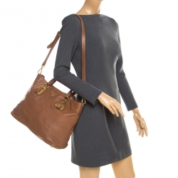 Pre Owned Prada Brown Calfskin Leather Nocciolo Top Handle Bag