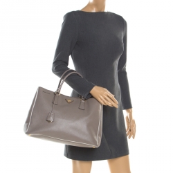 Pre Owned Prada Grey Saffiano Lux Leather Large Gardener's Tote