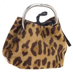 مملوكة مسبقًا Prada Leopard Print Pony Hair Wristlet Evening Bag 