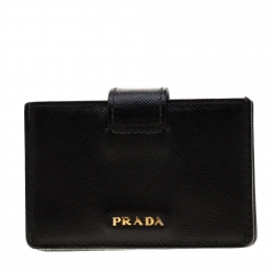 Pre Owned Prada Black Saffiano Oro Leather Accordion Card Holder