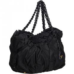 Pre Owned Prada Black Gathered Nylon Chain Tote Bag