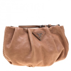 Pre Owned Prada Dark Beige Glazed Leather Ruched Wristlet Clutch