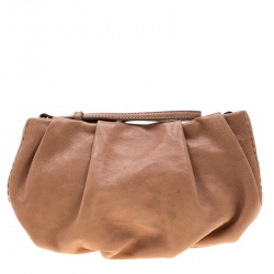 Pre Owned Prada Dark Beige Glazed Leather Ruched Wristlet Clutch