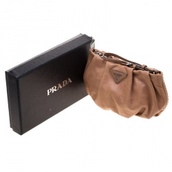 Pre Owned Prada Dark Beige Glazed Leather Ruched Wristlet Clutch