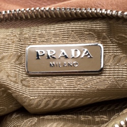 Pre Owned Prada Dark Beige Glazed Leather Ruched Wristlet Clutch