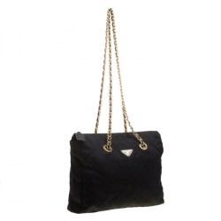 Pre Owned Prada Black Quilted Nylon Chain Tote