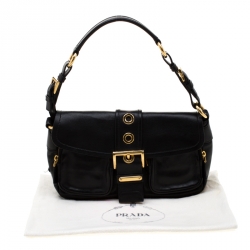Pre Owned Prada Black Leather Buckle Flap Shoulder Bag