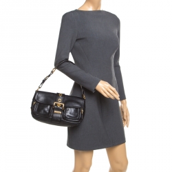 Pre Owned Prada Black Leather Buckle Flap Shoulder Bag