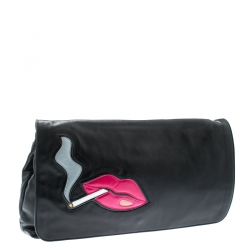 Pre Owned Prada Black Cigarette and Lips Leather Oversized Clutch
