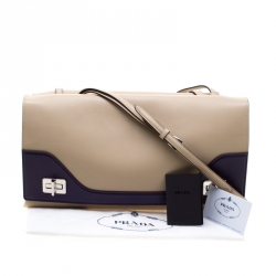 Pre Owned Prada Cream/Purple Leather Vitello Soft Double Bag