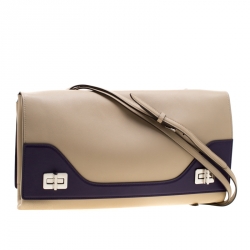 Pre Owned Prada Cream/Purple Leather Vitello Soft Double Bag