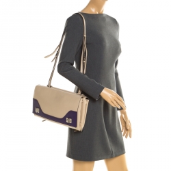Pre Owned Prada Cream/Purple Leather Vitello Soft Double Bag