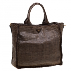 Pre Owned Prada Brown Woven Leather Large Madras Tote