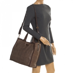 Pre Owned Prada Brown Woven Leather Large Madras Tote