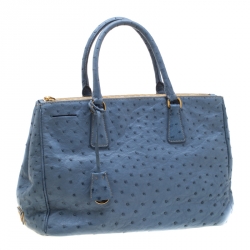 Pre Owned Prada Light Blue Ostrich Medium Double Zip Tote