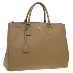 Pre Owned Prada Camel Brown Saffiano Large Double Zip Tote