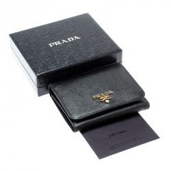 Pre Owned Prada Black Saffiano Leather Tri Fold Wallet 
