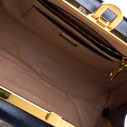 Pre Owned Prada Royal Blue Saffiano Leather Pyramid Frame Top Handle Bag