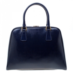 Pre Owned Prada Royal Blue Saffiano Leather Pyramid Frame Top Handle Bag