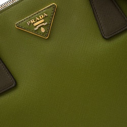 Pre Owned Prada Green 2 Tone Saffiano Lux Leather Medium Double Zip Tote