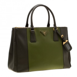 Pre Owned Prada Green 2 Tone Saffiano Lux Leather Medium Double Zip Tote