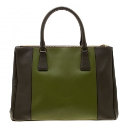 Pre Owned Prada Green 2 Tone Saffiano Lux Leather Medium Double Zip Tote