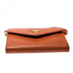 Pre Owned Prada Orange Saffiano Leather Card Case
