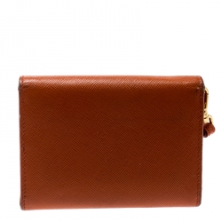 Pre Owned Prada Orange Saffiano Leather Card Case