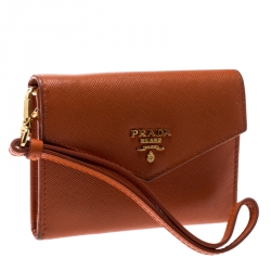 Pre Owned Prada Orange Saffiano Leather Card Case