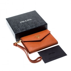 Pre Owned Prada Orange Saffiano Leather Card Case