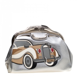 Pre Owned Prada Silver Saffiano Leather 50s Car Clutch