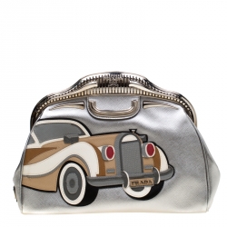 Pre Owned Prada Silver Saffiano Leather 50s Car Clutch