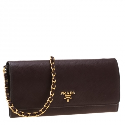 Pre Owned Prada Maroon Saffiano Lux Leather Wallet on Chain
