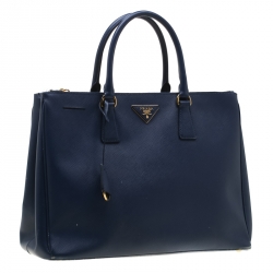 Pre Owned Prada Blue Saffiano Lux Leather Medium Double Zip Tote 