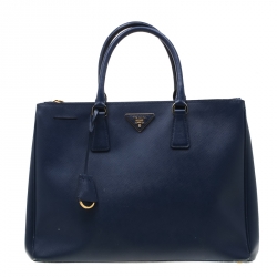 Pre Owned Prada Blue Saffiano Lux Leather Medium Double Zip Tote 