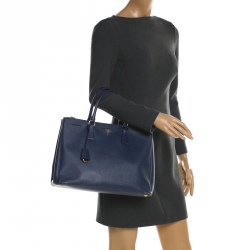 Pre Owned Prada Blue Saffiano Lux Leather Medium Double Zip Tote 
