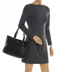 Pre Owned Prada Black Vitello Phenix Leather Medium Tote