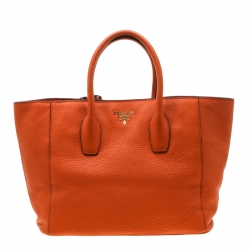 Pre Owned Prada Orange Vitello Daino Leather Shopper Tote
