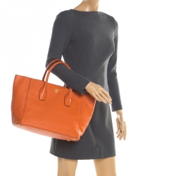 Pre Owned Prada Orange Vitello Daino Leather Shopper Tote